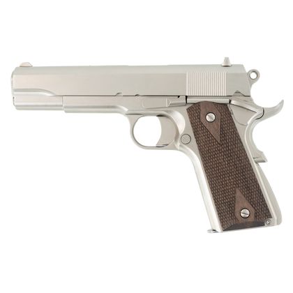 Tisas 1911A1 Stakeout 9mm Nickel Pistol - Classic Wood Grip Edition